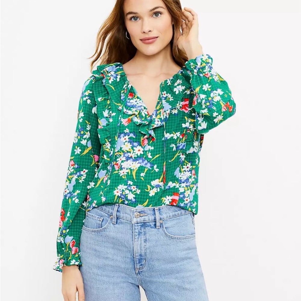 LOFT White and Pink Puff Sleeve Ruffled Blouse